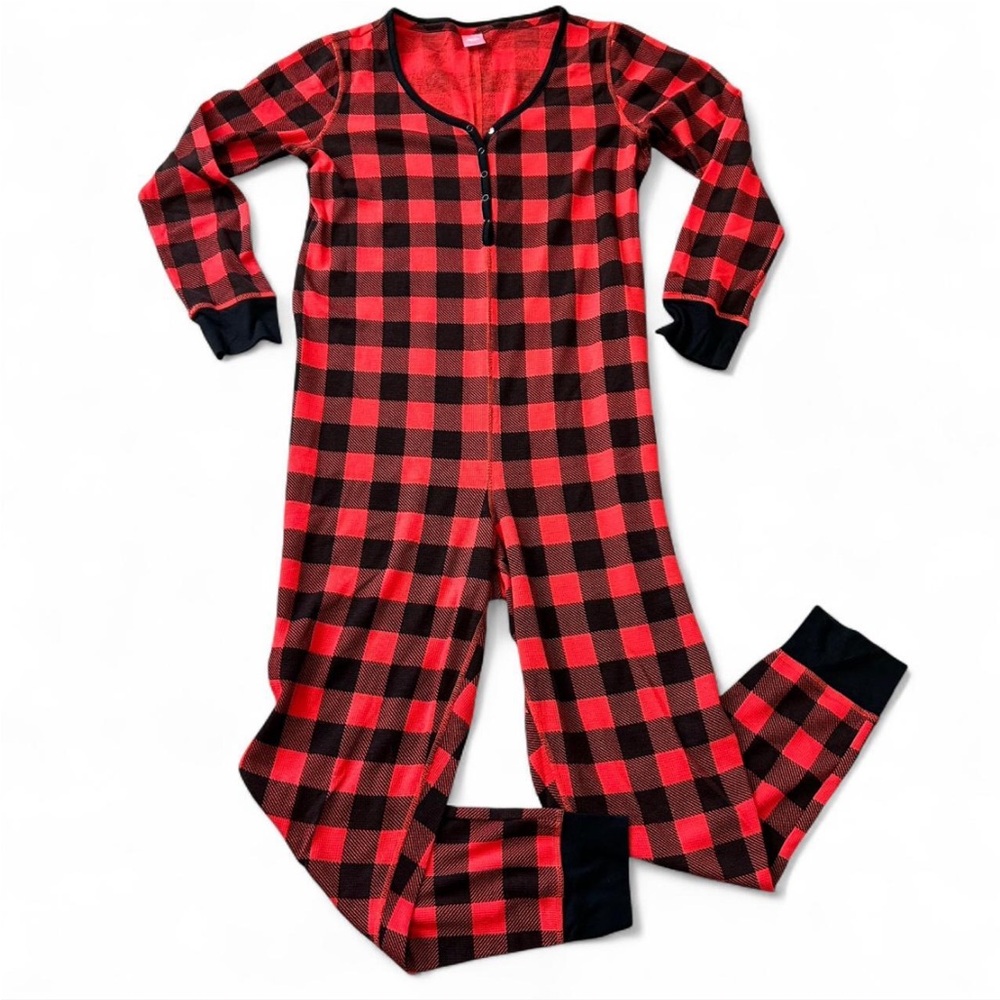 Jenni Red and Black Buffalo Plaid Onesie Loungewear Pajamas, women’s Size Large